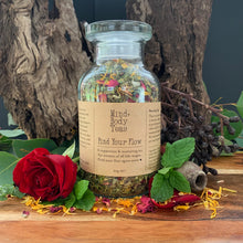 Load image into Gallery viewer, Find Your Flow large jar. A supportive and nurturing tea for women at all life-stages. Find Your Flow may ease symptoms of menstrual and postpartum tension, and heavy bleeding, and help to balance hormones, ease anxiety and hot flushes in older women. This subtle, fragrant tea is also brimming with nutrients, vitamins and anti-oxidants to support your overall health and vitality. Find your flow again sister!