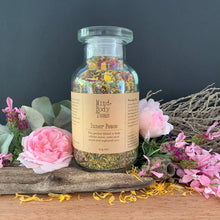 Load image into Gallery viewer, Inner Peace - large jar. Inner Peace is a delicate blend of flowers and aromatic herbs that have traditionally been used to help calm an anxious mind, ease muscle tension, replenish and ground you when you are feeling depleted. Pour a cup, take a breath and enjoy some inner peace. Organic herbal tea blend, Mind and body teas, All-natural blended tea, custom-blended tea, fine tea blends, premium tea blends, tea for anxiety, tea for stress, tea for wellbeing
