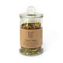 Load image into Gallery viewer, Inner Peace - small jar. Inner Peace is a delicate blend of flowers and aromatic herbs that have traditionally been used to help calm an anxious mind, ease muscle tension, replenish and ground you when you are feeling depleted. Pour a cup, take a breath and enjoy some inner peace. Organic herbal tea blend, Mind and body teas, All-natural blended tea, custom-blended tea, fine tea blends, premium tea blends, tea for anxiety, tea for stress, tea for wellbeing