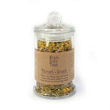 Load image into Gallery viewer, Bring some welcome relief to an itchy throat or irritating cough with this gentle collection of soothing herbs. Throat & Cough Tea may help to ease irritation and inflammation of the throat and respiratory system while also supporting the immune system. This is the small jar. Organic herbal tea blend, Mind and body teas, All-natural blended tea, custom-blended tea, fine tea blends, premium tea blends, Throat and Cough Tea, tea for sore dry throat, tea to help relieve cough, soothing tea