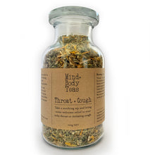 Load image into Gallery viewer, Bring some welcome relief to an itchy throat or irritating cough with this gentle collection of soothing herbs. Throat & Cough Tea may help to ease irritation and inflammation of the throat and respiratory system while also supporting the immune system. This is the large jar. Organic herbal tea blend, Mind and body teas, All-natural blended tea, custom-blended tea, fine tea blends, premium tea blends, Throat and Cough Tea, tea for sore dry throat, tea to help relieve cough, soothing tea