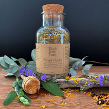 Load image into Gallery viewer, Bring some welcome relief to an itchy throat or irritating cough with this gentle collection of soothing herbs. Throat &amp; Cough Tea may help to ease irritation and inflammation of the throat and respiratory system while also supporting the immune system. Organic herbal tea blend, Mind and body teas, All-natural blended tea, custom-blended tea, fine tea blends, premium tea blends, Throat and Cough Tea, tea for sore dry throat, tea to help relieve cough, soothing tea
