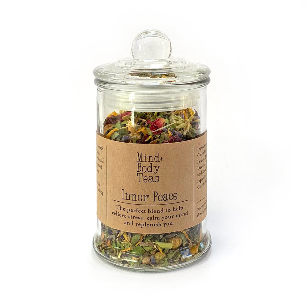 Inner Peace - small jar. Inner Peace is a delicate blend of flowers and aromatic herbs that have traditionally been used to help calm an anxious mind, ease muscle tension, replenish and ground you when you are feeling depleted. Pour a cup, take a breath and enjoy some inner peace. Organic herbal tea blend, Mind and body teas, All-natural blended tea, custom-blended tea, fine tea blends, premium tea blends, tea for anxiety, tea for stress, tea for wellbeing