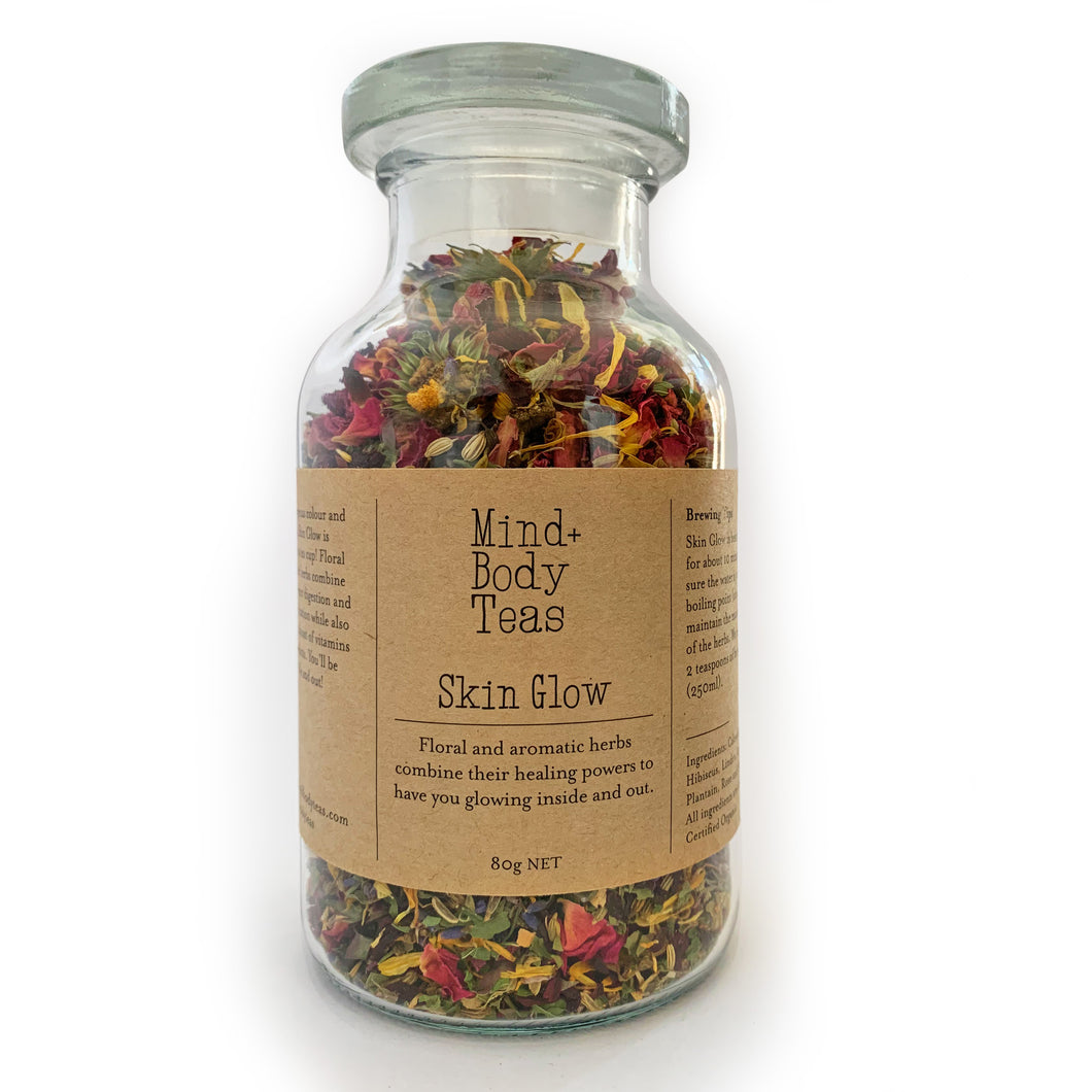 Skin Glow is an organic herbal tea blend, it is a custom-blended tea for detox, skin, weight loss, wellbeing, and makes a delicious summer iced tea. This is the large jar. Organic herbal tea blend, Mind and body teas, All-natural blended tea, custom-blended tea, fine tea blends, premium tea blends, Skin Glow Tea, Skin Glow herbal blend, tea for detox, tea for skin, tea for weight loss, tea for wellbeing