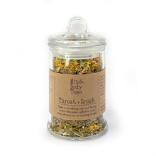 Load image into Gallery viewer, Bring some welcome relief to an itchy throat or irritating cough with this gentle collection of soothing herbs. Throat &amp; Cough Tea may help to ease irritation and inflammation of the throat and respiratory system while also supporting the immune system. This is the small jar. Organic herbal tea blend, Mind and body teas, All-natural blended tea, custom-blended tea, fine tea blends, premium tea blends, Throat and Cough Tea, tea for sore dry throat, tea to help relieve cough, soothing tea
