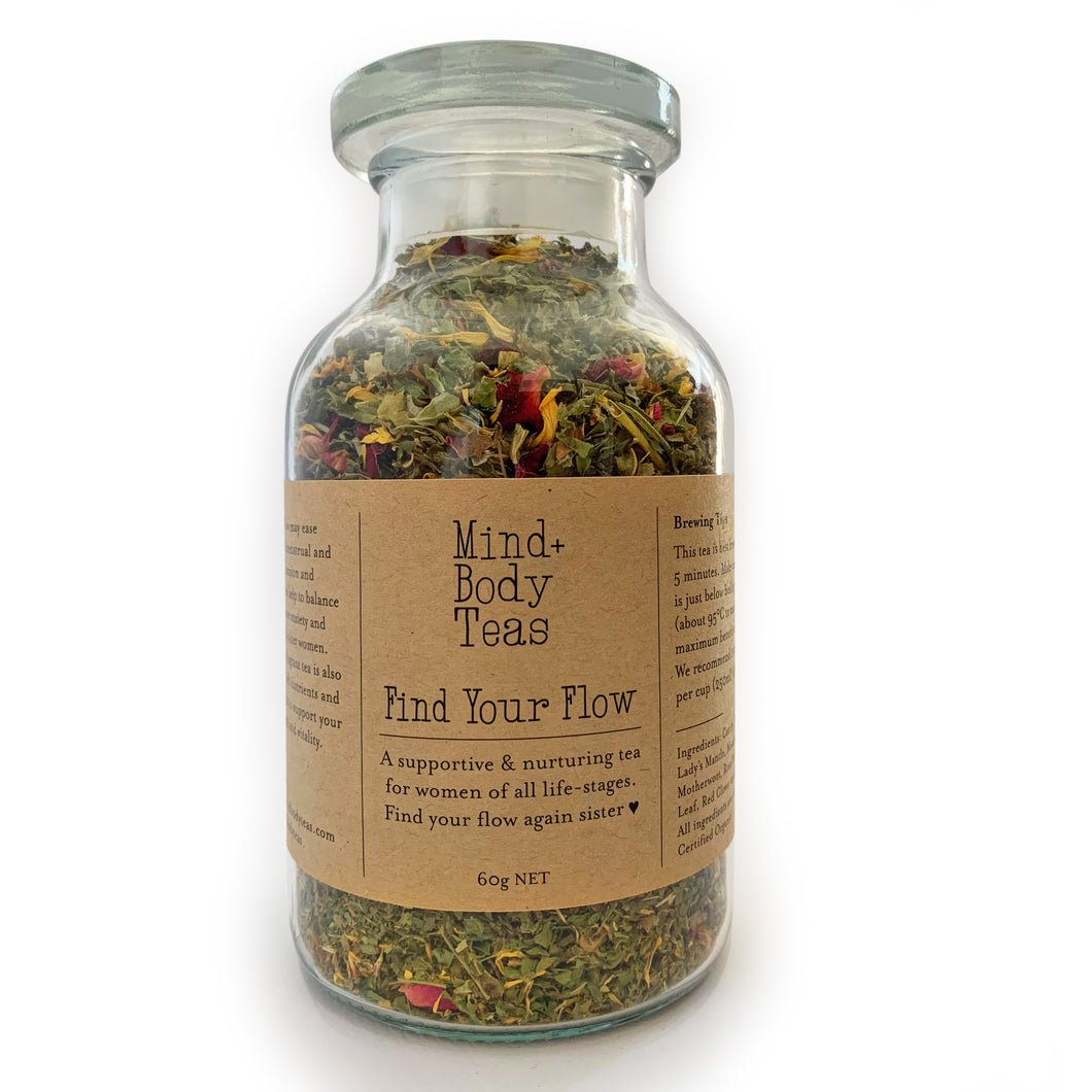 Find Your Flow large jar. A supportive and nurturing tea for women at all life-stages. Find Your Flow may ease symptoms of menstrual and postpartum tension, and heavy bleeding, and help to balance hormones, ease anxiety and hot flushes in older women. This subtle, fragrant tea is also brimming with nutrients, vitamins and anti-oxidants to support your overall health and vitality. Find your flow again sister!