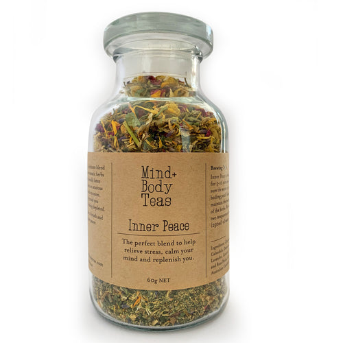 Inner Peace - large jar. Inner Peace is a delicate blend of flowers and aromatic herbs that have traditionally been used to help calm an anxious mind, ease muscle tension, replenish and ground you when you are feeling depleted. Pour a cup, take a breath and enjoy some inner peace. Organic herbal tea blend, Mind and body teas, All-natural blended tea, custom-blended tea, fine tea blends, premium tea blends, tea for anxiety, tea for stress, tea for wellbeing